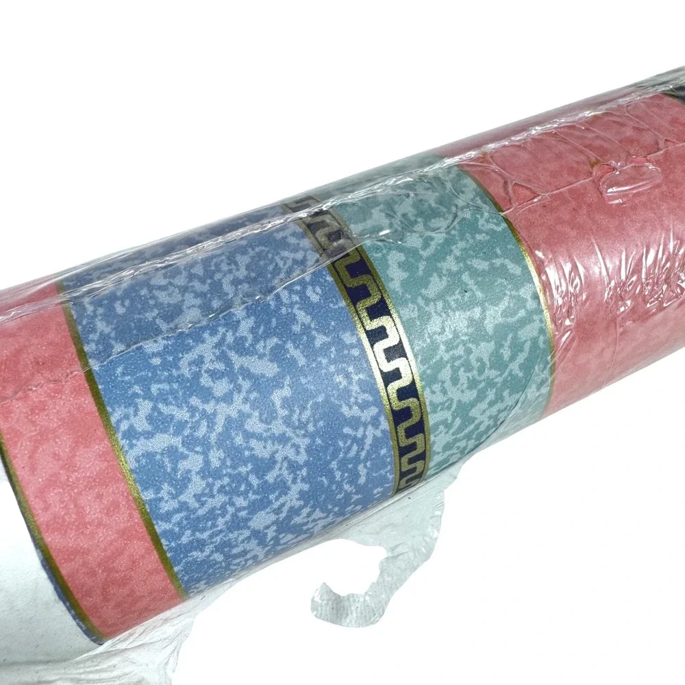 Birge Vintage Wallpaper Striped Pink Blue Pastels Gold Greek Key 55.4 sq ft New